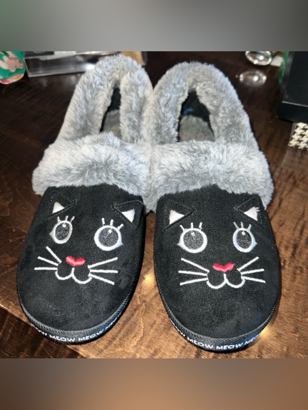 Bobs Memory Foam Black Cat Faux Fur Lined Slippers 6